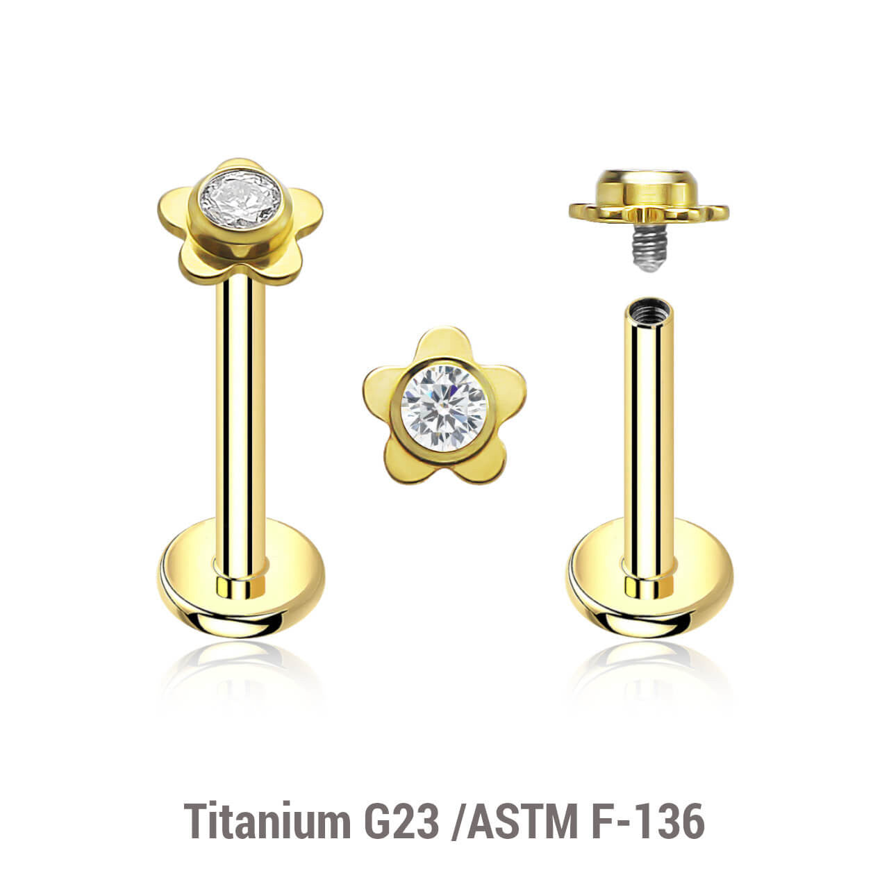 Pack of 5 gold PVD plated titanium internally threaded labrets, Thickness 1.2mm, with a top in a flat flower shape with a single bezel set central crystal