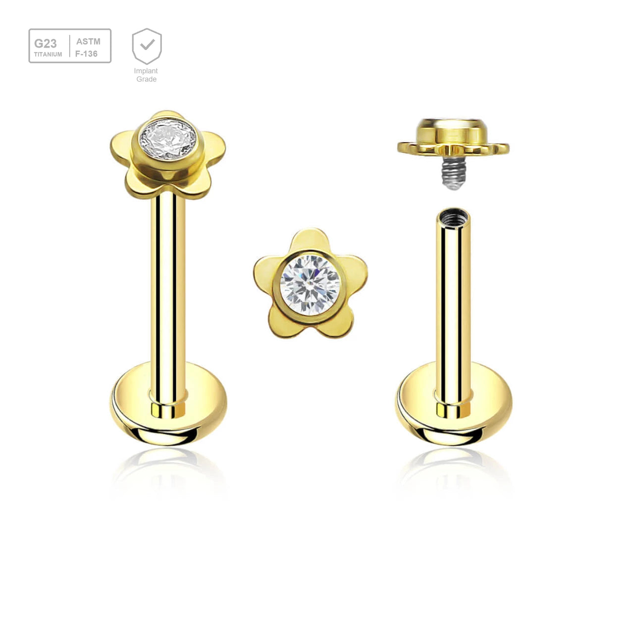 Pack of 5 gold PVD plated titanium internally threaded labrets, Thickness 1.2mm, with a top in a flat flower shape with a single bezel set central crystal - G23 ASTM F-136 implant grade titanium body jewelry