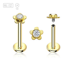 Pack of 5 gold PVD plated titanium internally threaded labrets, Thickness 1.2mm, with a top in a flat flower shape with a single bezel set central crystal - G23 ASTM F-136 implant grade titanium body jewelry