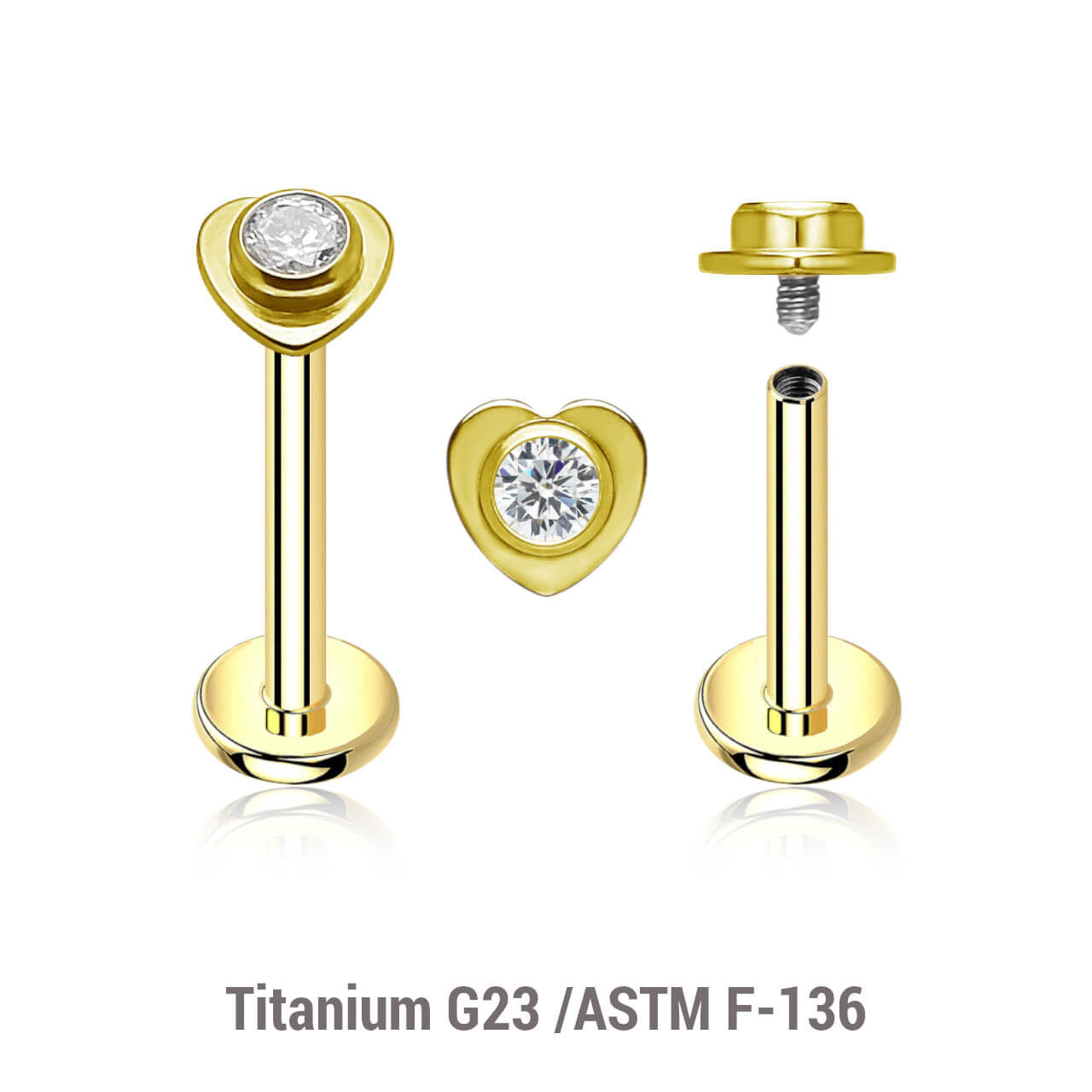 Pack of 5 gold PVD plated titanium internally threaded labrets, Thickness 1.2mm, with a top in a flat heart shape with a single bezel set central crystal