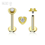 Pack of 5 gold PVD plated titanium internally threaded labrets, Thickness 1.2mm, with a top in a flat heart shape with a single bezel set central crystal - G23 ASTM F-136 implant grade titanium body jewelry
