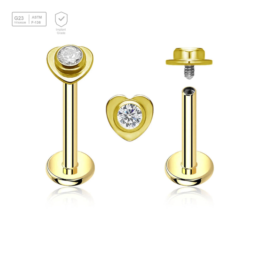 Pack of 5 gold PVD plated titanium internally threaded labrets, Thickness 1.2mm, with a top in a flat heart shape with a single bezel set central crystal - G23 ASTM F-136 implant grade titanium body jewelry