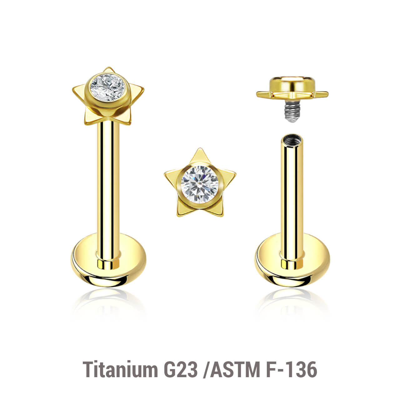 Pack of 5 gold PVD plated titanium internally threaded labrets, Thickness 1.2mm, with a top in a flat star shape with a single bezel set central crystal