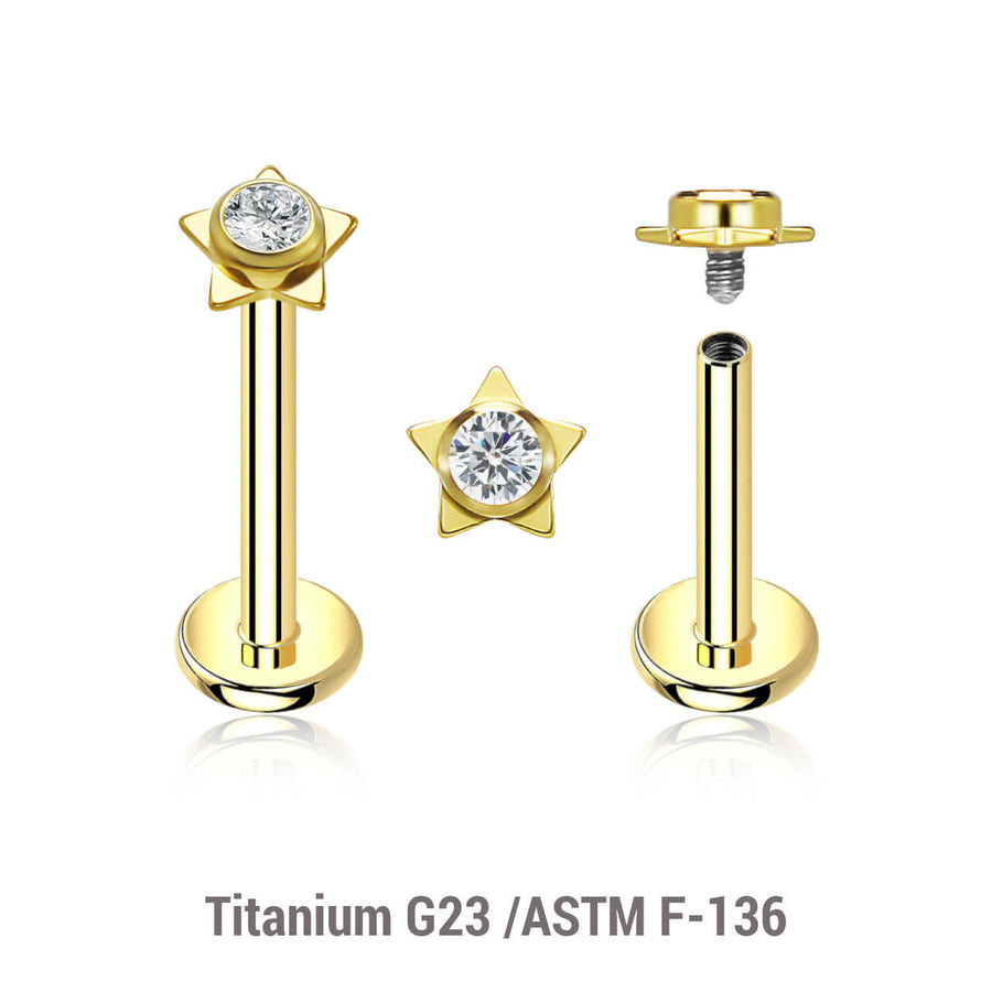 Pack of 5 gold PVD plated titanium internally threaded labrets, Thickness 1.2mm, with a top in a flat star shape with a single bezel set central crystal