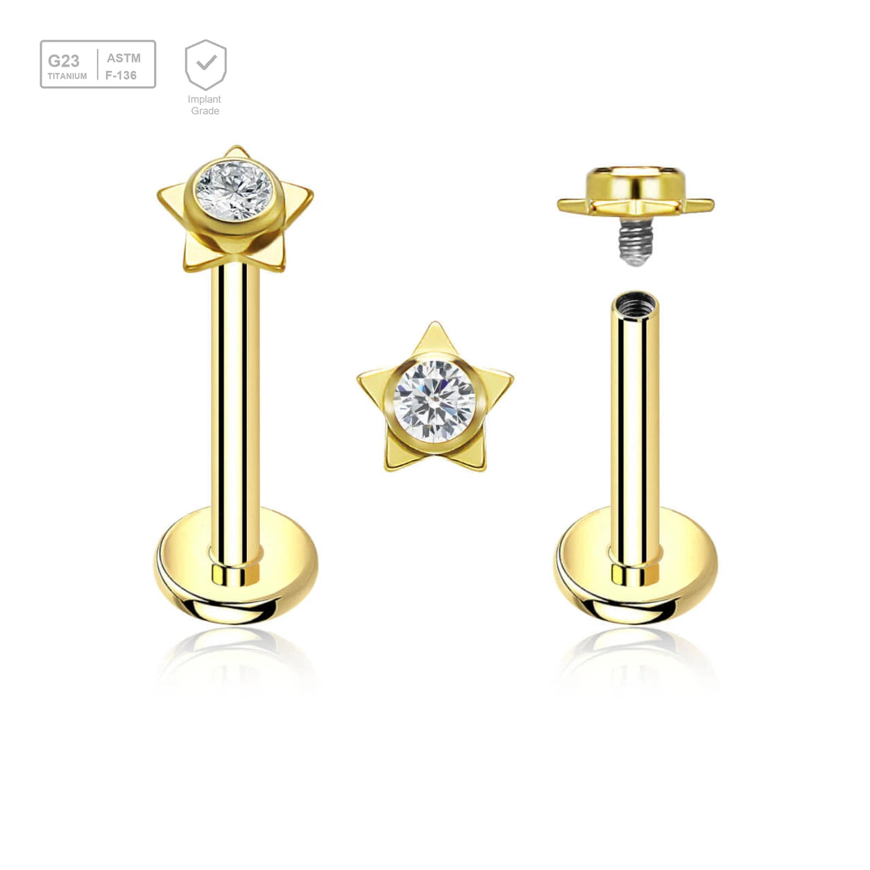 Pack of 5 gold PVD plated titanium internally threaded labrets, Thickness 1.2mm, with a top in a flat star shape with a single bezel set central crystal - G23 ASTM F-136 implant grade titanium body jewelry