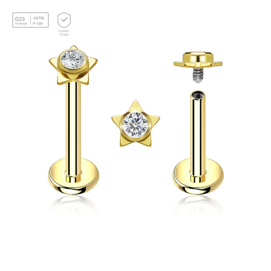 Pack of 5 gold PVD plated titanium internally threaded labrets, Thickness 1.2mm, with a top in a flat star shape with a single bezel set central crystal - G23 ASTM F-136 implant grade titanium body jewelry