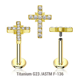 Pack of 5 Gold PVD plated titanium internally threaded labrets, Thickness 1.2mm, with a CZ studded cross