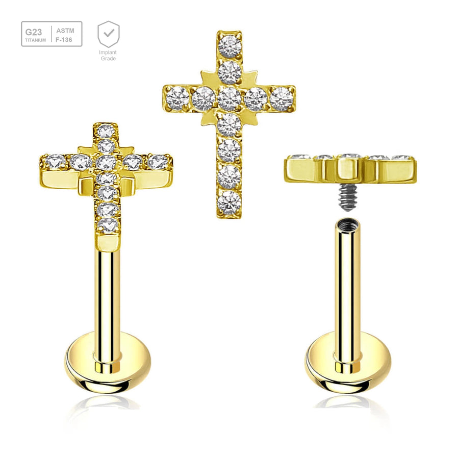 Pack of 5 Gold PVD plated titanium internally threaded labrets, Thickness 1.2mm, with a CZ studded cross - G23 ASTM F-136 implant grade titanium body jewelry