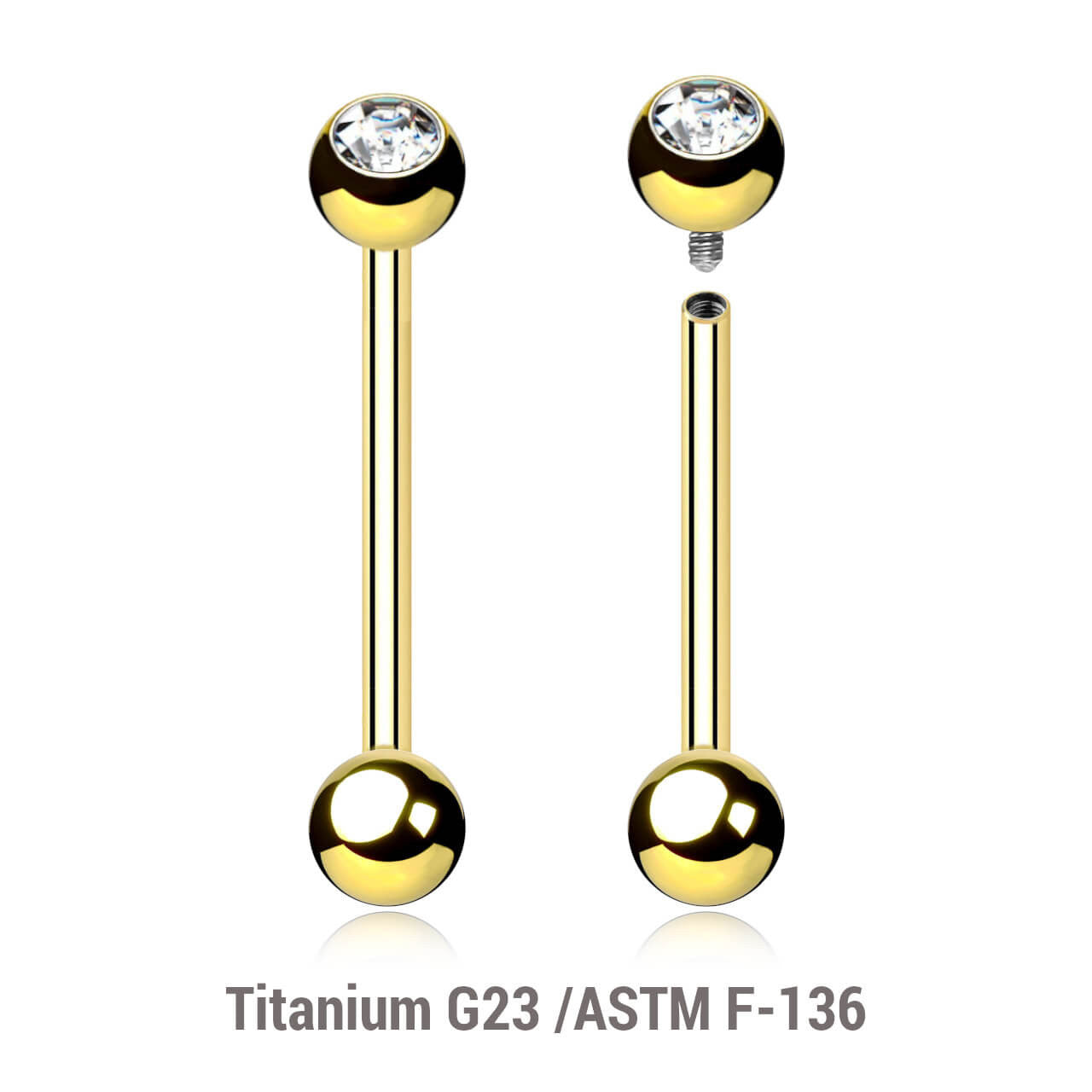 Pack of 5 Gold PVD plated titanium internally threaded tongue barbells, Thickness 1.6mm, with a top 5mm bezel set crystal ball and a lower 5mm plain ball