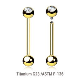 Pack of 5 Gold PVD plated titanium internally threaded tongue barbells, Thickness 1.6mm, with a top 5mm bezel set crystal ball and a lower 5mm plain ball