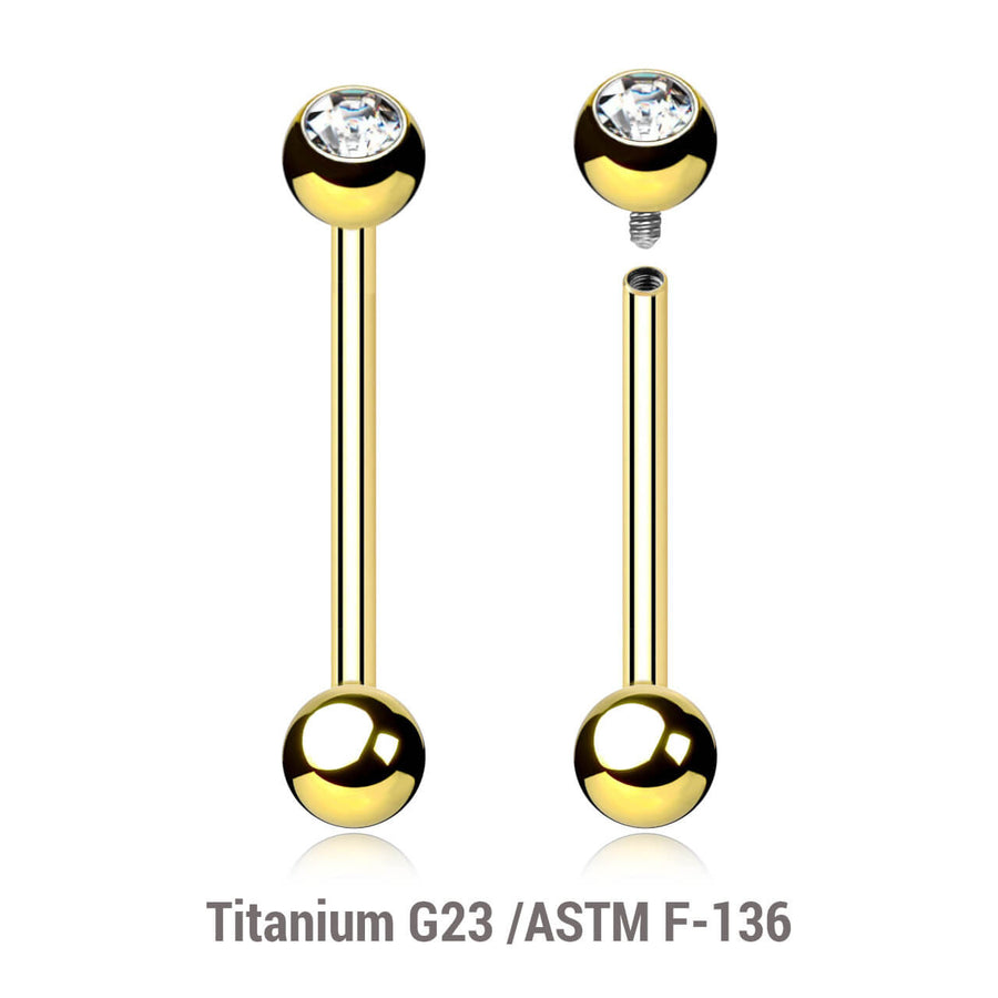 Pack of 5 Gold PVD plated titanium internally threaded tongue barbells, Thickness 1.6mm, with a top 5mm bezel set crystal ball and a lower 5mm plain ball