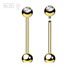 Pack of 5 Gold PVD plated titanium internally threaded tongue barbells, Thickness 1.6mm, with a top 5mm bezel set crystal ball and a lower 5mm plain ball - G23 ASTM F-136 implant grade titanium body jewelry