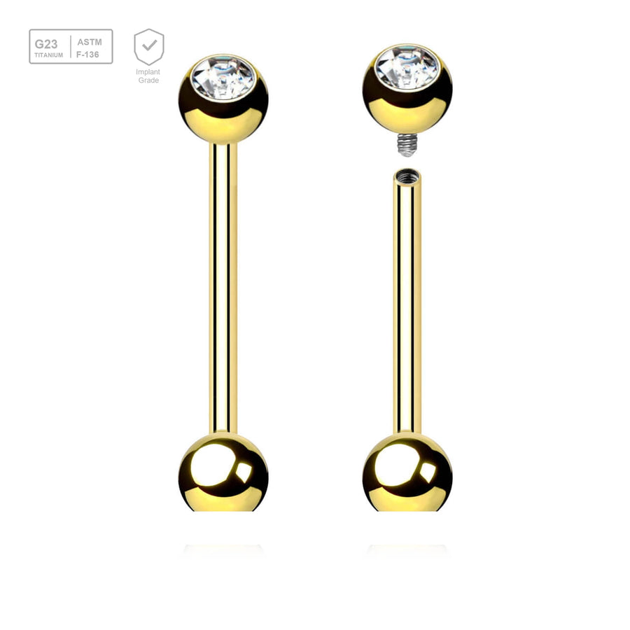 Pack of 5 Gold PVD plated titanium internally threaded tongue barbells, Thickness 1.6mm, with a top 5mm bezel set crystal ball and a lower 5mm plain ball - G23 ASTM F-136 implant grade titanium body jewelry