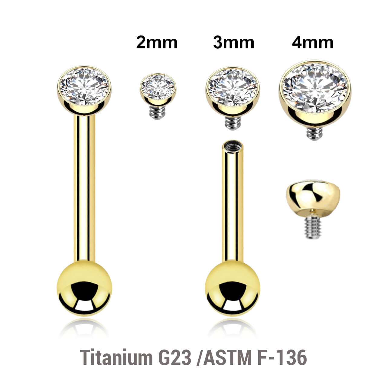 Pack of 5 Gold PVD plated titanium internally threaded tragus barbells,  Thickness 1.2mm, with a half ball with a bezel set crystal and a lower 3mm plain ball