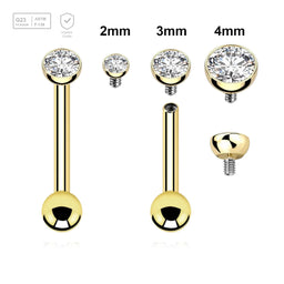 Pack of 5 Gold PVD plated titanium internally threaded tragus barbells,  Thickness 1.2mm, with a half ball with a bezel set crystal and a lower 3mm plain ball - G23 ASTM F-136 implant grade titanium body jewelry