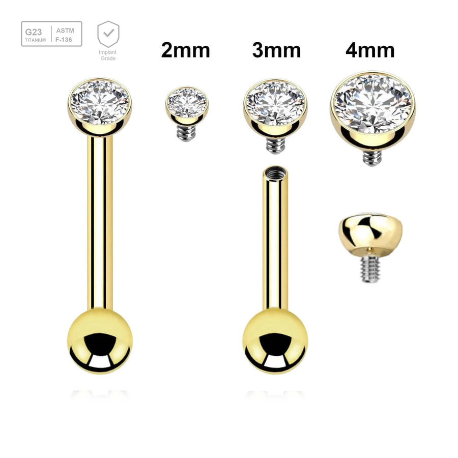 Pack of 5 Gold PVD plated titanium internally threaded tragus barbells,  Thickness 1.2mm, with a half ball with a bezel set crystal and a lower 3mm plain ball - G23 ASTM F-136 implant grade titanium body jewelry