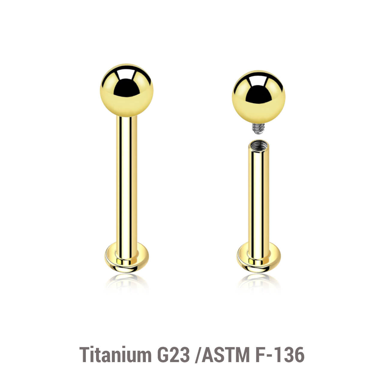 Pack of 5 PVD plated titanium internally threaded labrets with 2.5mm base plate, Thickness 1.2mm, Ball size 3mm