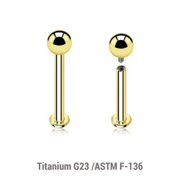 Pack of 5 PVD plated titanium internally threaded labrets with 2.5mm base plate, Thickness 1.2mm, Ball size 3mm