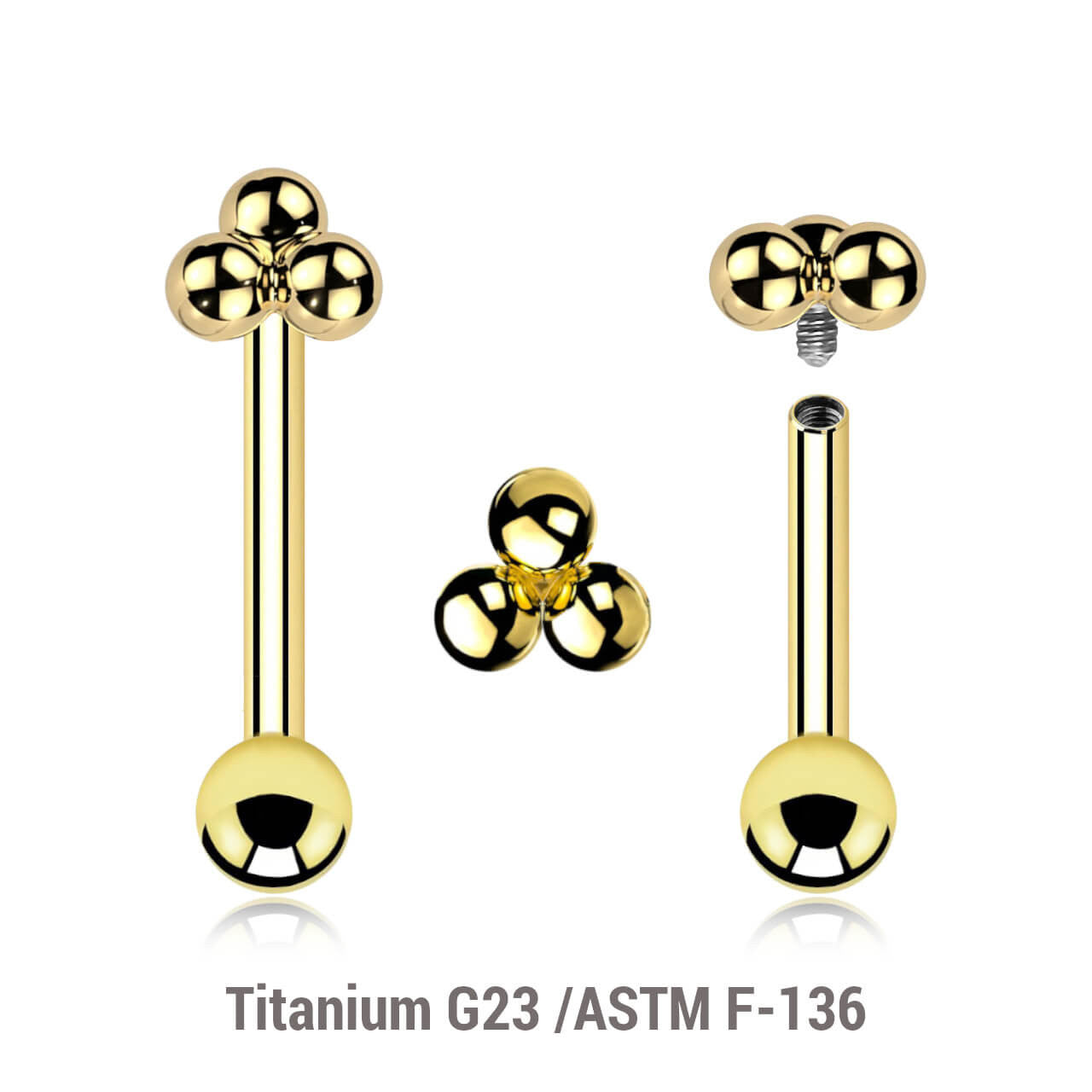 Pack of 3 Gold PVD plated titanium internally threaded barbells, Thickness 1.2mm, with a plain trinity top and a lower 3mm plain ball
