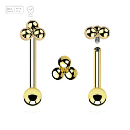 Pack of 3 Gold PVD plated titanium internally threaded barbells, Thickness 1.2mm, with a plain trinity top and a lower 3mm plain ball - G23 ASTM F-136 implant grade titanium body jewelry