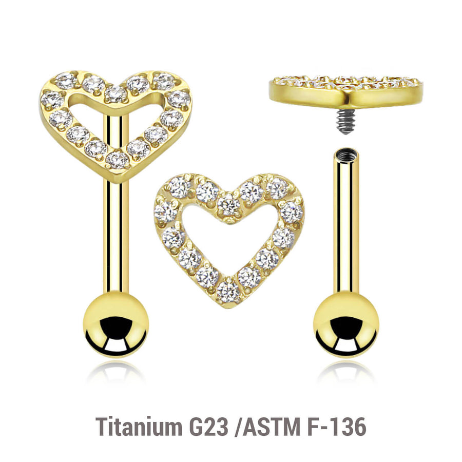 Pack of 3 Gold PVD plated titanium internally threaded barbells, Thickness 1.2mm, with a CZ studded heart top and a lower 3mm plain ball