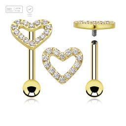 Pack of 3 Gold PVD plated titanium internally threaded barbells, Thickness 1.2mm, with a CZ studded heart top and a lower 3mm plain ball - G23 ASTM F-136 implant grade titanium body jewelry