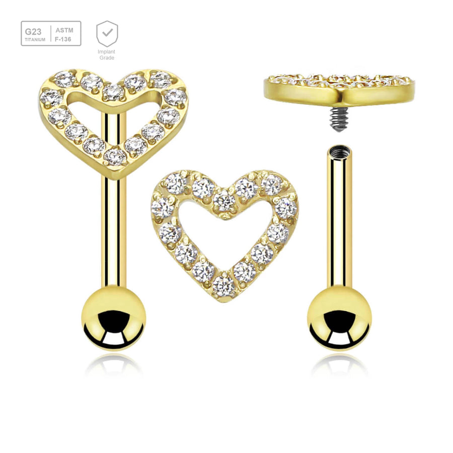 Pack of 3 Gold PVD plated titanium internally threaded barbells, Thickness 1.2mm, with a CZ studded heart top and a lower 3mm plain ball - G23 ASTM F-136 implant grade titanium body jewelry