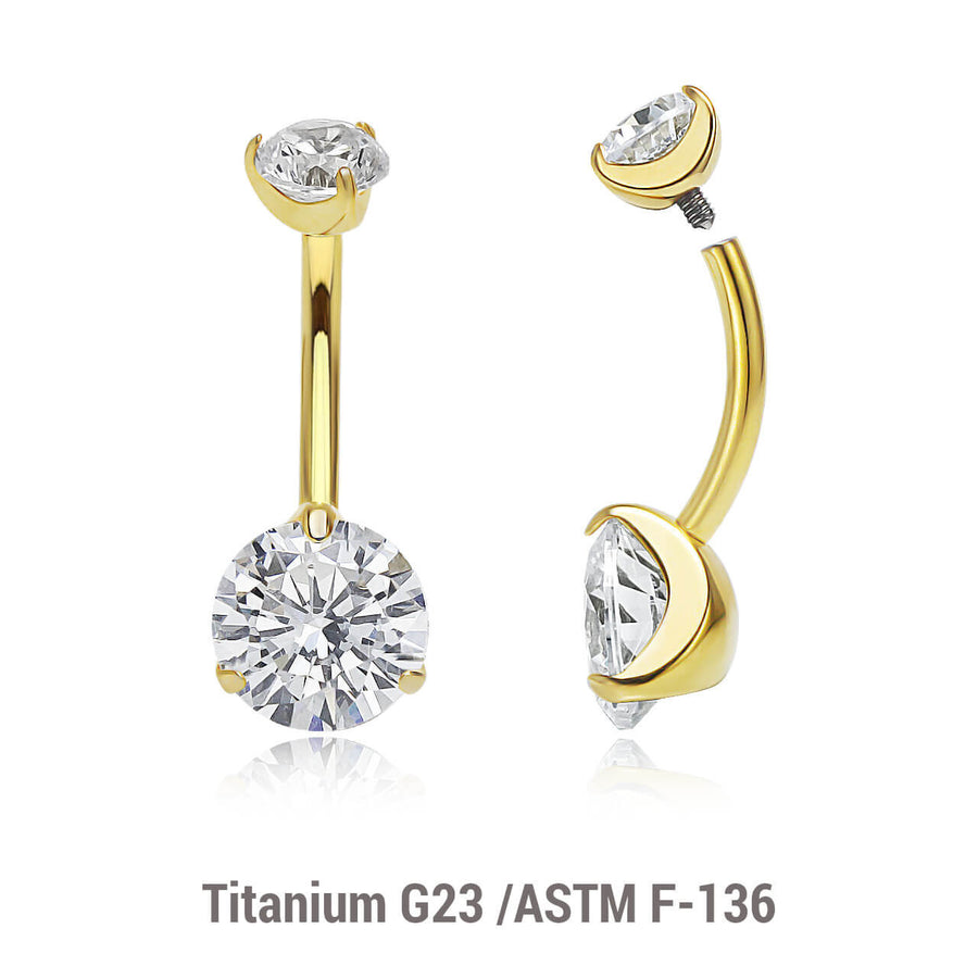 Wholesale pack of 3 Gold PVD plated titanium internally threaded belly bananas, Thickness 1.6mm, with 5 mm and 8 mm round prong set CZ stones