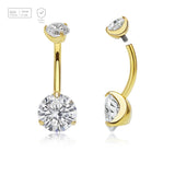 Wholesale pack of 3 Gold PVD plated titanium internally threaded belly bananas, Thickness 1.6mm, with 5 mm and 8 mm round prong set CZ stones - G23 ASTM F-136 implant grade titanium body jewelry