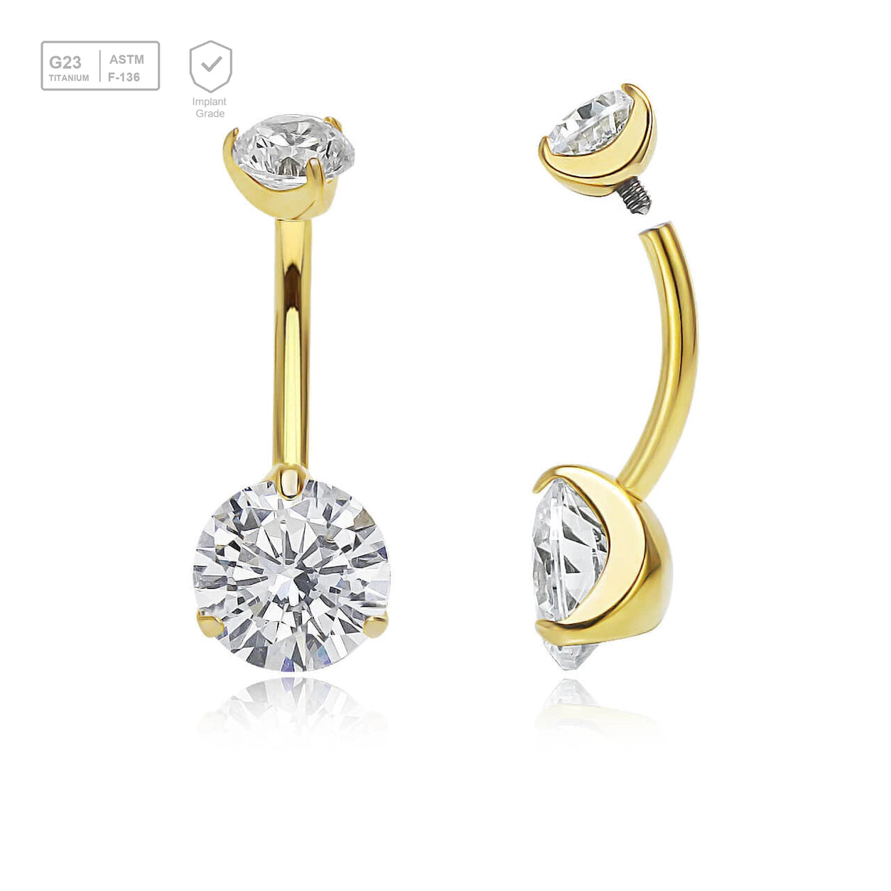 Wholesale pack of 3 Gold PVD plated titanium internally threaded belly bananas, Thickness 1.6mm, with 5 mm and 8 mm round prong set CZ stones - G23 ASTM F-136 implant grade titanium body jewelry