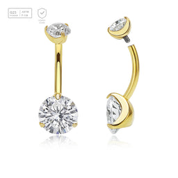 Wholesale pack of 3 Gold PVD plated titanium internally threaded belly bananas, Thickness 1.6mm, with 5 mm and 8 mm round prong set CZ stones - G23 ASTM F-136 implant grade titanium body jewelry