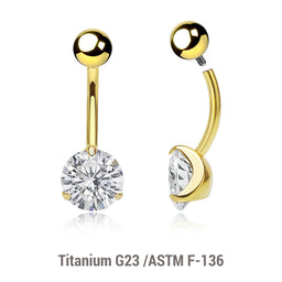 Wholesale pack of 3 Gold PVD plated titanium internally threaded belly bananas, Thickness 1.6mm, with 5 mm titanium ball and lower 8 mm prong set round CZ stone