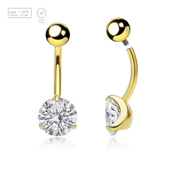 Wholesale pack of 3 Gold PVD plated titanium internally threaded belly bananas, Thickness 1.6mm, with 5 mm titanium ball and lower 8 mm prong set round CZ stone - G23 ASTM F-136 implant grade titanium body jewelry
