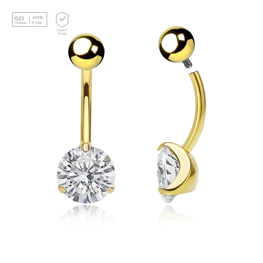 Wholesale pack of 3 Gold PVD plated titanium internally threaded belly bananas, Thickness 1.6mm, with 5 mm titanium ball and lower 8 mm prong set round CZ stone - G23 ASTM F-136 implant grade titanium body jewelry