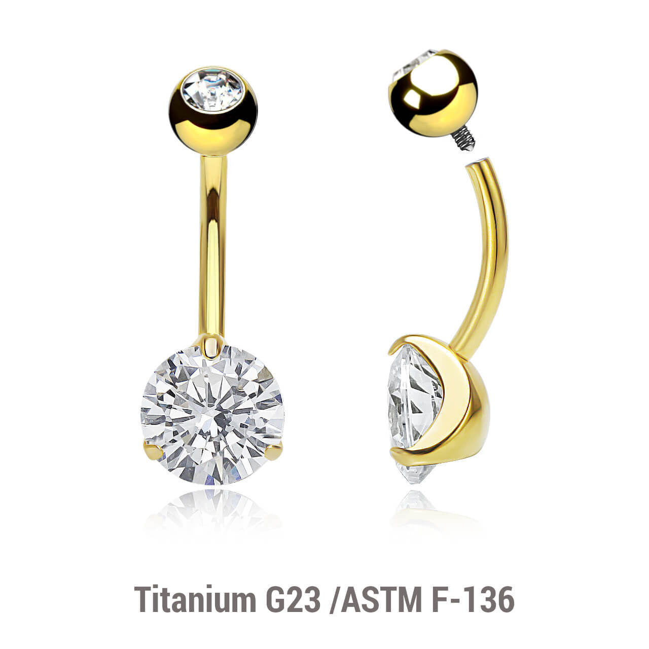 Wholesale pack of 3 Gold PVD plated titanium internally threaded belly bananas, Thickness 1.6mm, with 5 mm titanium bezel set jewel ball and lower 8 mm prong set round CZ stone