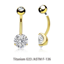 Wholesale pack of 3 Gold PVD plated titanium internally threaded belly bananas, Thickness 1.6mm, with 5 mm titanium bezel set jewel ball and lower 8 mm prong set round CZ stone