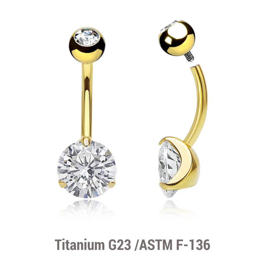 Wholesale pack of 3 Gold PVD plated titanium internally threaded belly bananas, Thickness 1.6mm, with 5 mm titanium bezel set jewel ball and lower 8 mm prong set round CZ stone