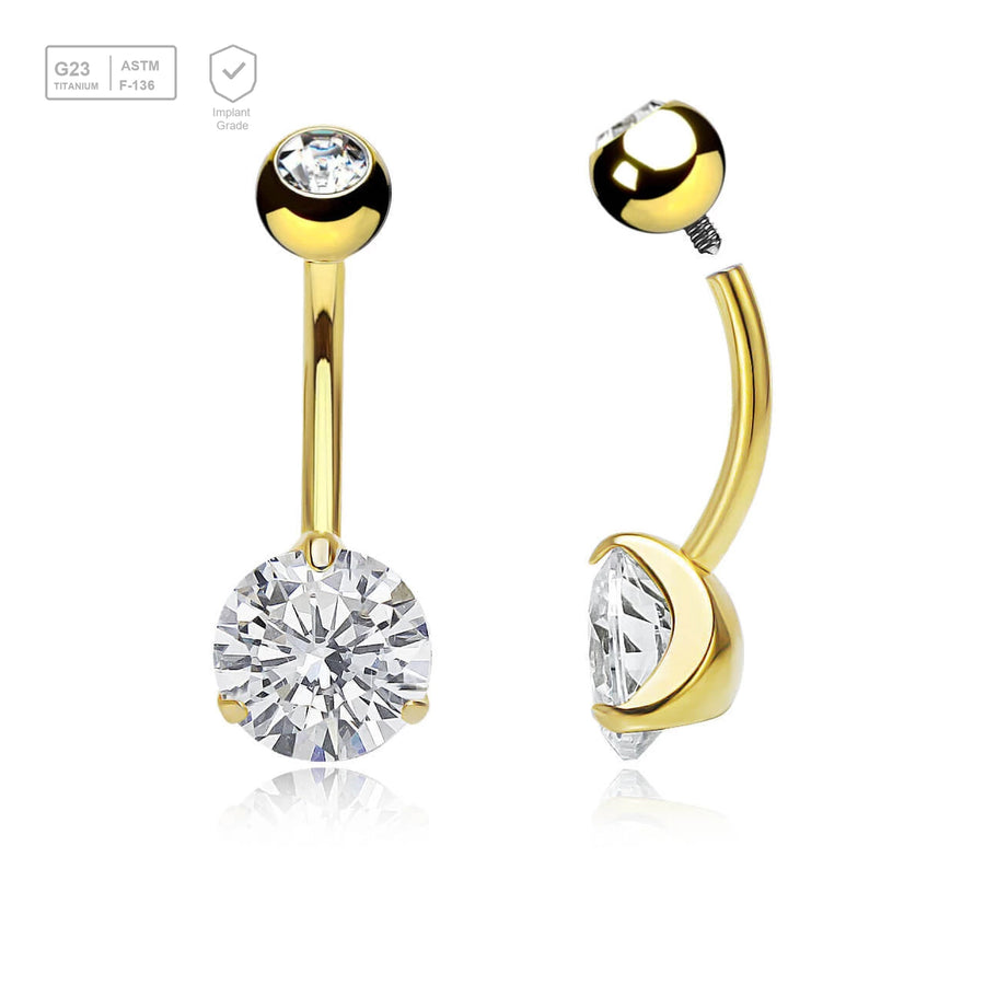 Wholesale pack of 3 Gold PVD plated titanium internally threaded belly bananas, Thickness 1.6mm, with 5 mm titanium bezel set jewel ball and lower 8 mm prong set round CZ stone - G23 ASTM F-136 implant grade titanium body jewelry