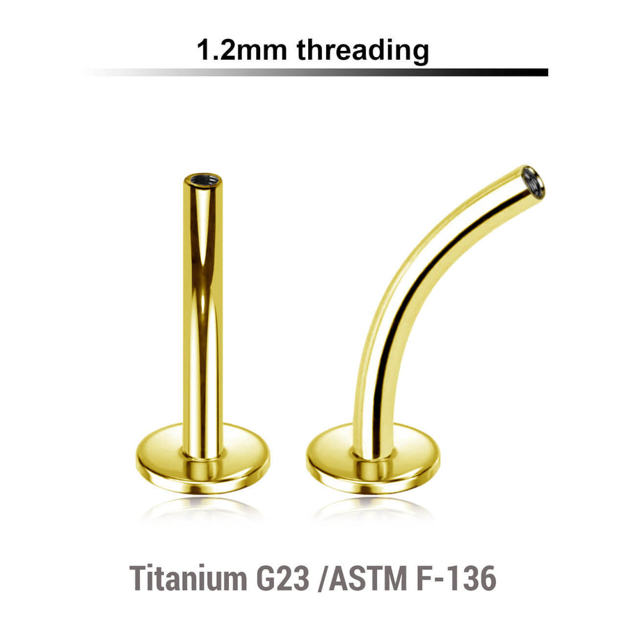 Pack of 5 Gold PVD plated titanium internally threaded curved labret posts with 4mm base plate, thickness 1.2mm