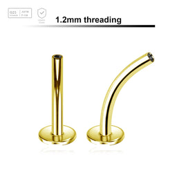 Pack of 5 Gold PVD plated titanium internally threaded curved labret posts with 4mm base plate, thickness 1.2mm - G23 ASTM F-136 implant grade titanium body jewelry