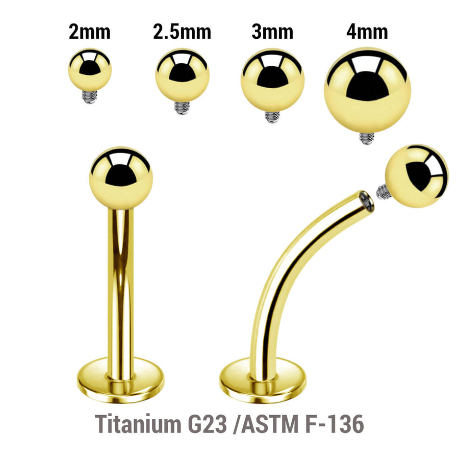 Pack of 5 Gold PVD plated titanium internally threaded curved labrets, Thickness 1.2mm, with Balls