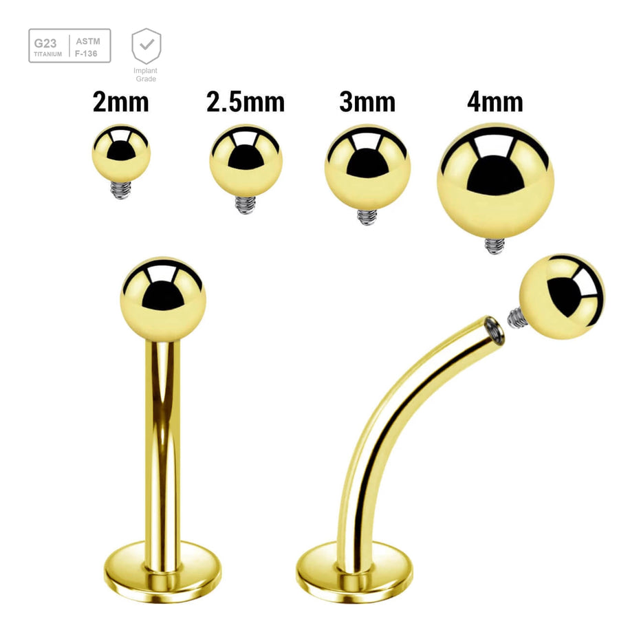 Pack of 5 Gold PVD plated titanium internally threaded curved labrets, Thickness 1.2mm, with Balls - G23 ASTM F-136 implant grade titanium body jewelry