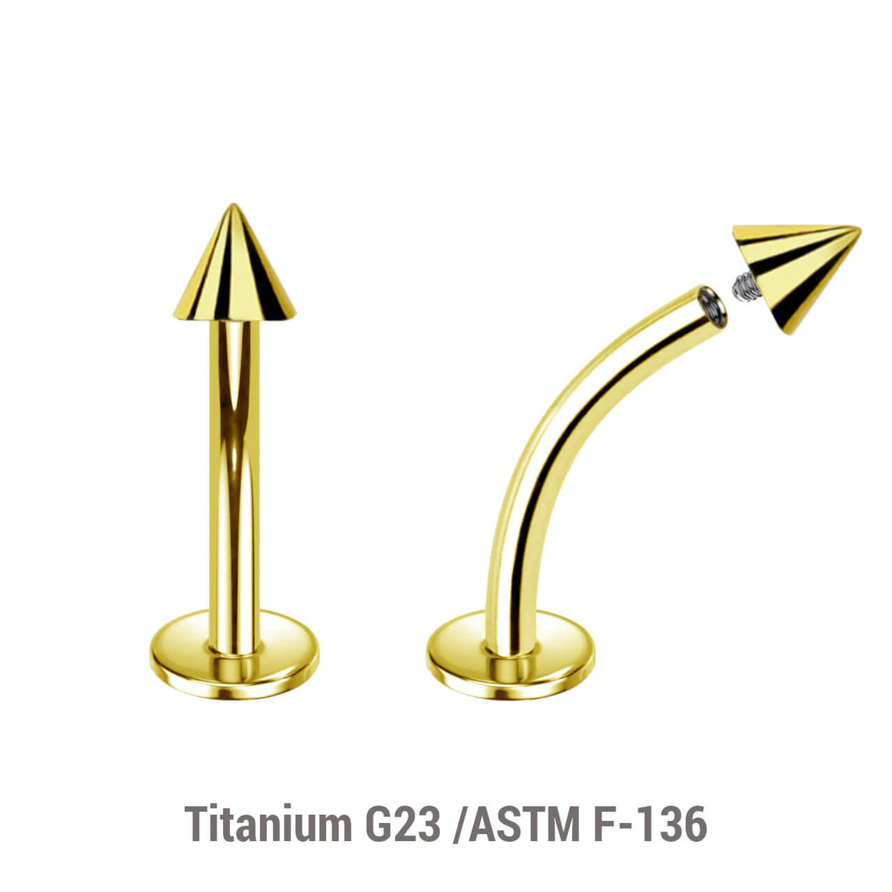 Pack of 5 Gold PVD plated titanium internally threaded curved labrets, Thickness 1.2mm, cone size 2.5mm