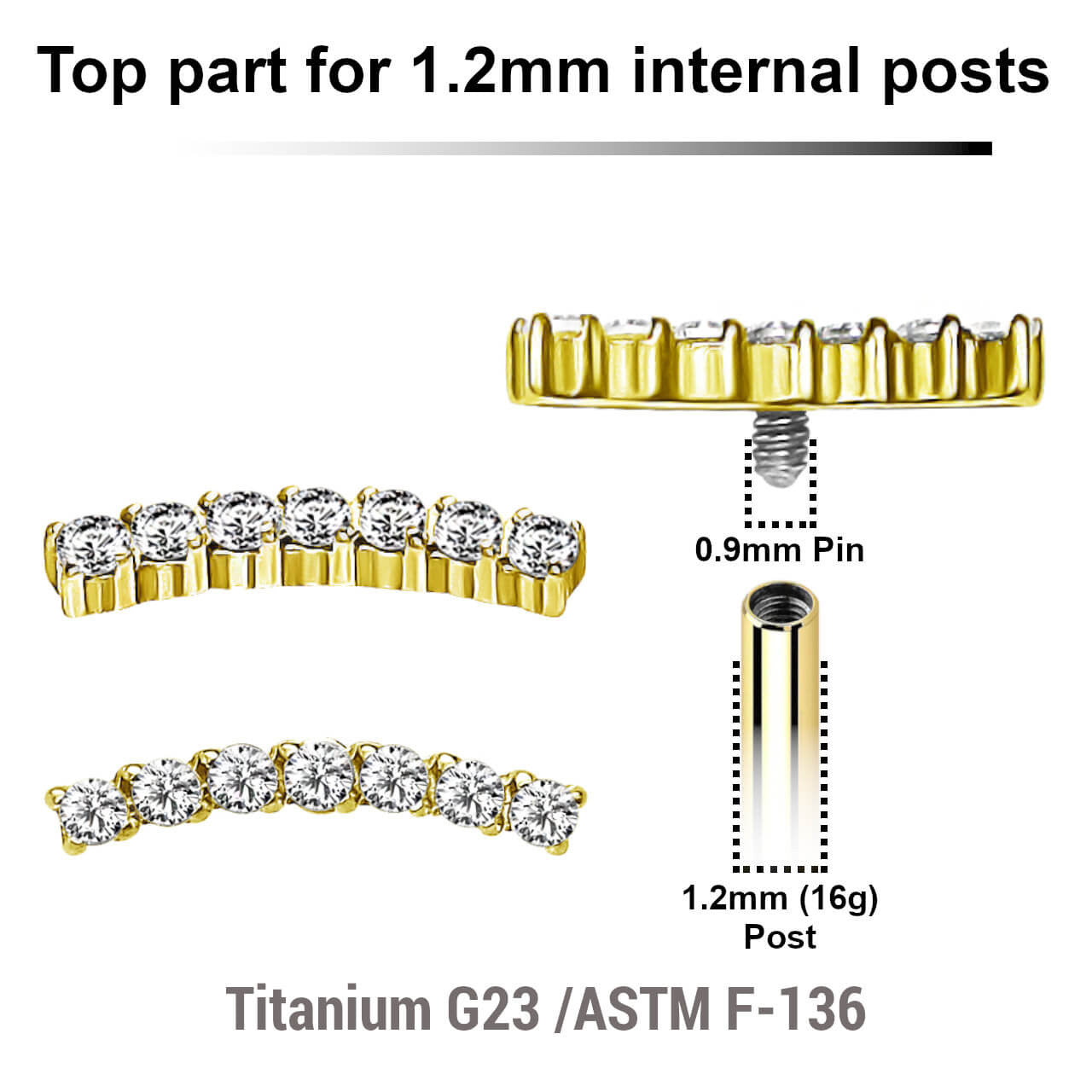 Pack of 5 Gold PVD plated Titanium internally threaded labret tops with a CZ studded curved top