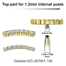 Pack of 5 Gold PVD plated Titanium internally threaded labret tops with a CZ studded curved top