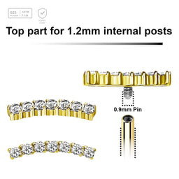 Pack of 5 Gold PVD plated Titanium internally threaded labret tops with a CZ studded curved top - G23 ASTM F-136 implant grade titanium body jewelry