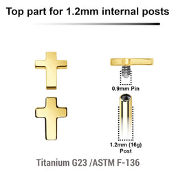Pack of 5 Gold PVD plated Titanium G23 Internally threaded labret tops in a flat cross shape size 3mm x 4mm, Thread size 0.9mm