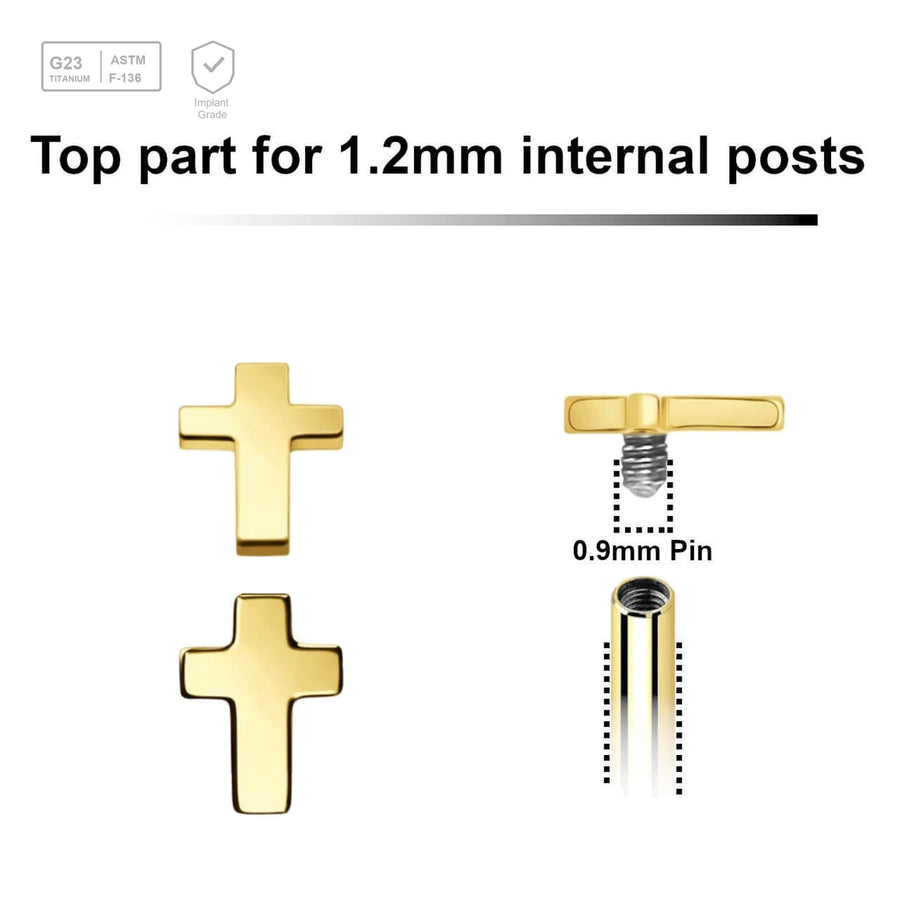 Pack of 5 Gold PVD plated Titanium G23 Internally threaded labret tops in a flat cross shape size 3mm x 4mm, Thread size 0.9mm - G23 ASTM F-136 implant grade titanium body jewelry