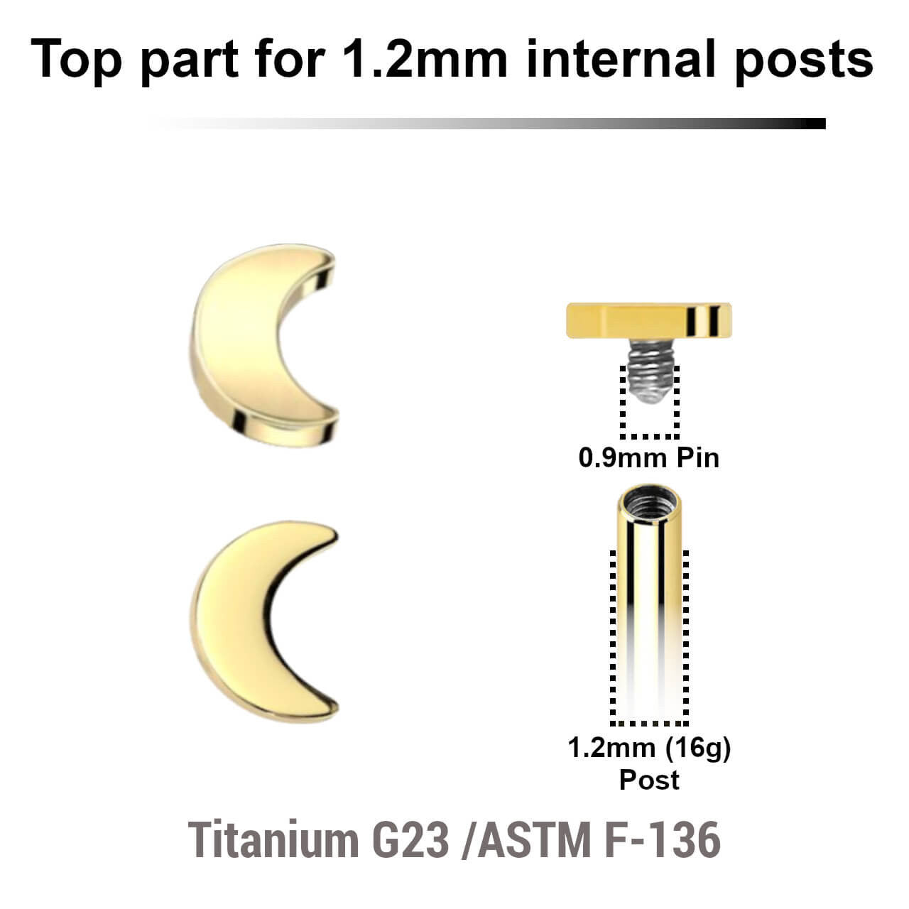 Pack of 5 Gold PVD plated Titanium G23 Internally threaded labret tops in a 3mm flat moon shape, Thread size 0.9mm
