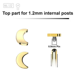 Pack of 5 Gold PVD plated Titanium G23 Internally threaded labret tops in a 3mm flat moon shape, Thread size 0.9mm - G23 ASTM F-136 implant grade titanium body jewelry
